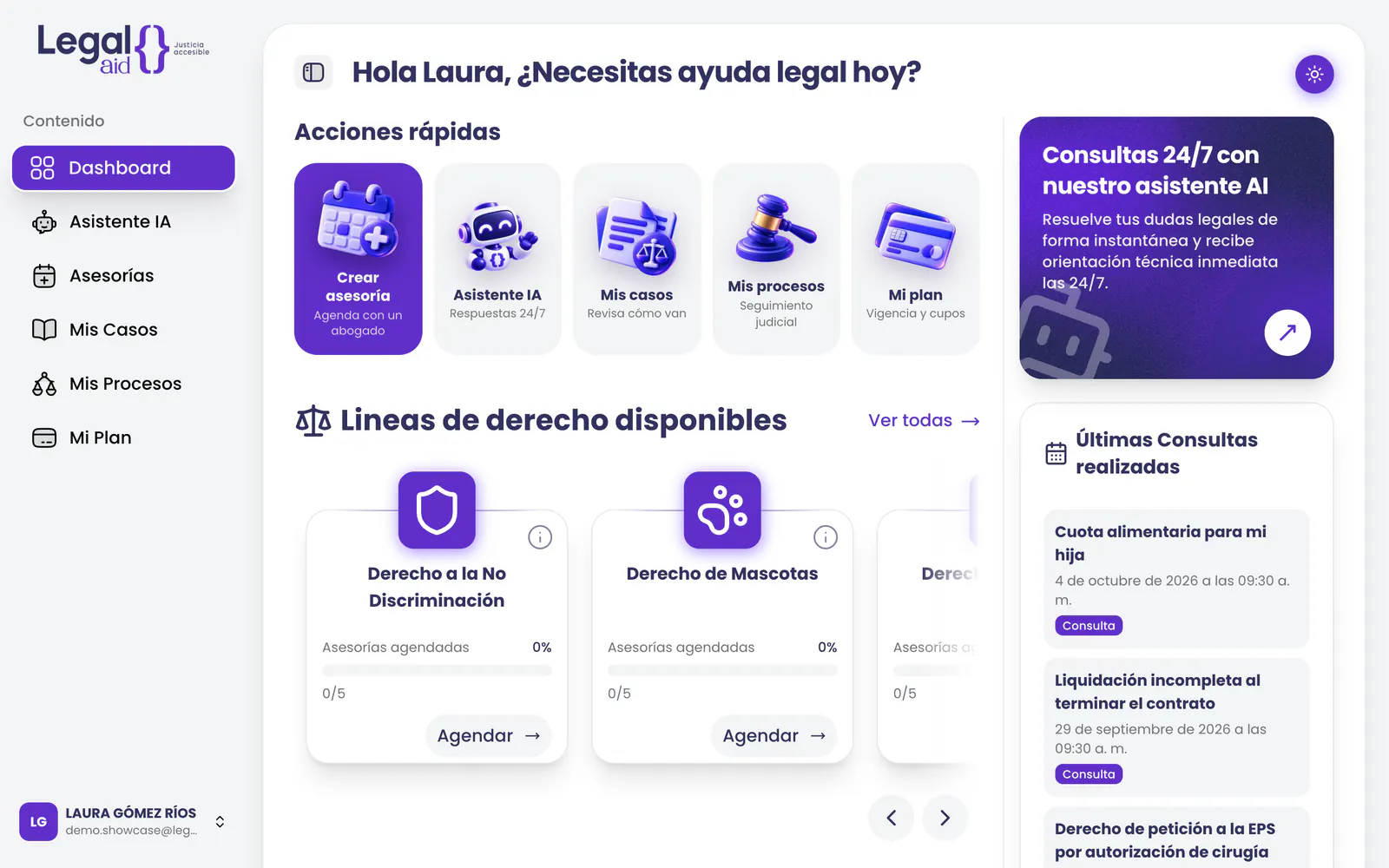 Inicio de la plataforma Legal Aid con acciones rápidas, líneas de derecho y últimas consultas